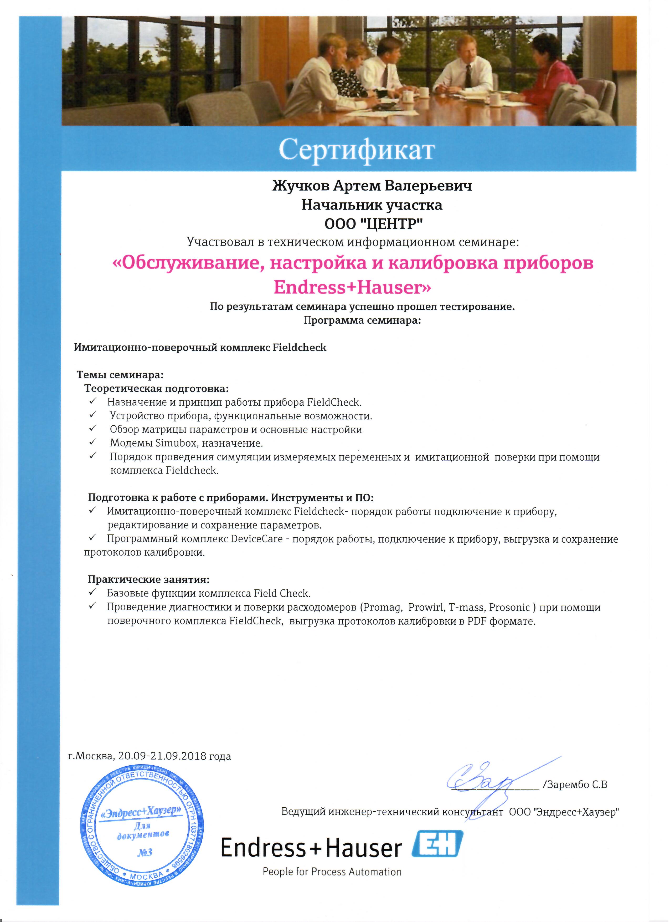 Сертификат Endress+Hauser Обслуживание и калибровка приборов (Жучков А.В)